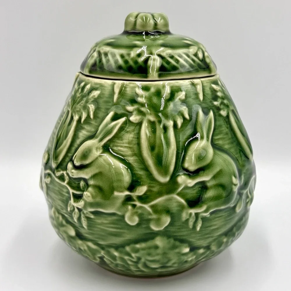 Vintage Bordallo Pinheiro Creamer & Lidded Sugar Bowl Rabbit Green Majolica Set